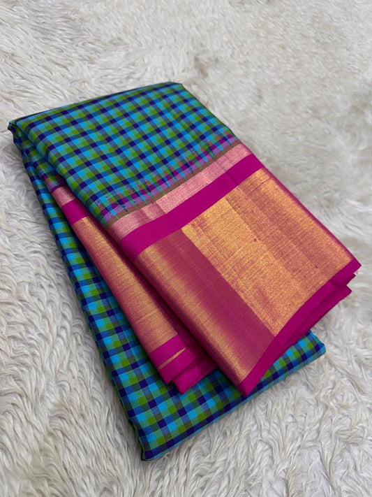 Blue Green and Magenta Handwoven Pure Silk Kanchi Pattu Saree with Kanchi Kattam Checks