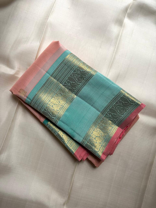 Rettapet twin border detail on blush rose Kanjivaram silk saree