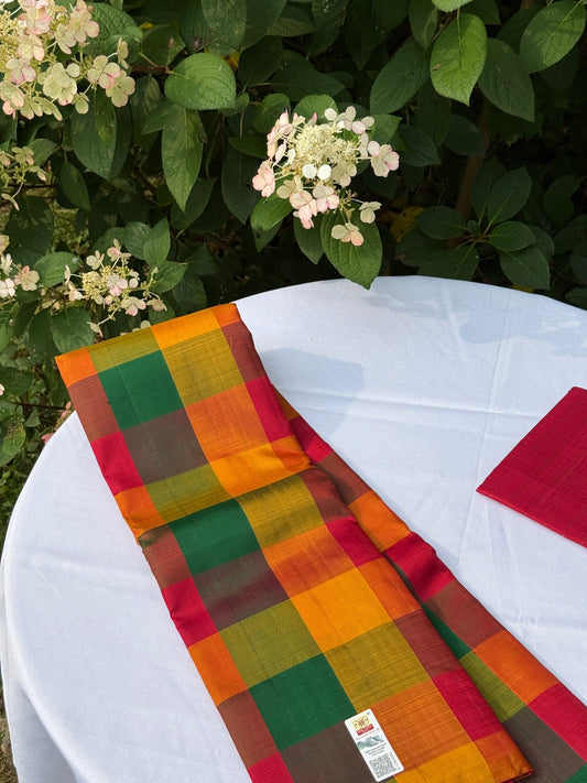 Folded Pure Kanchipuram silk saree showing paalum pazhamum kattam colour blocks