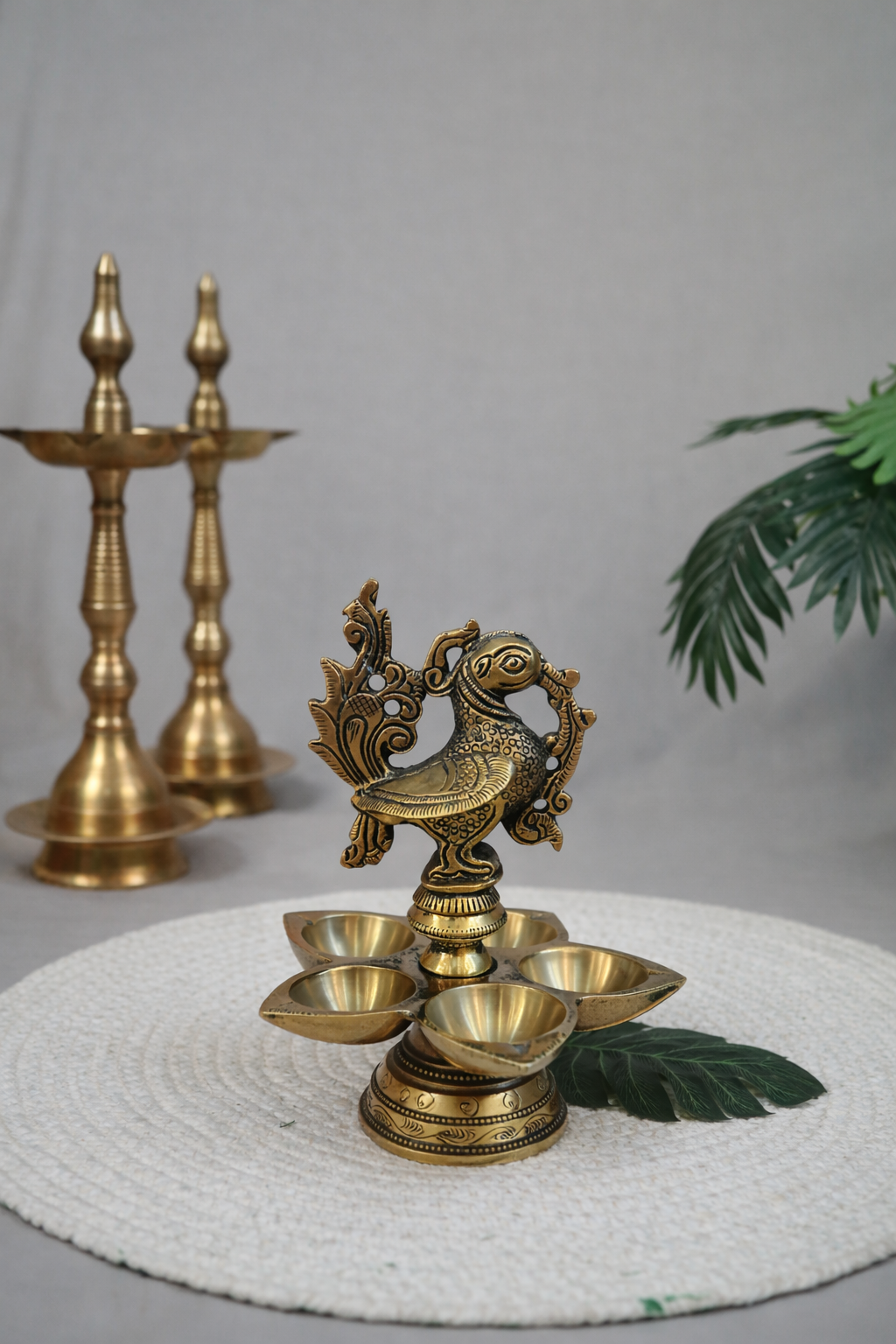 Pure brass peacock panchamukam lamp with five wick holders 6 inches height front view