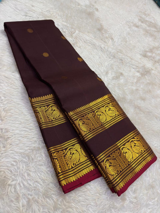Handwoven chocolate brown Rettapet Kanjeevaram saree, full drape