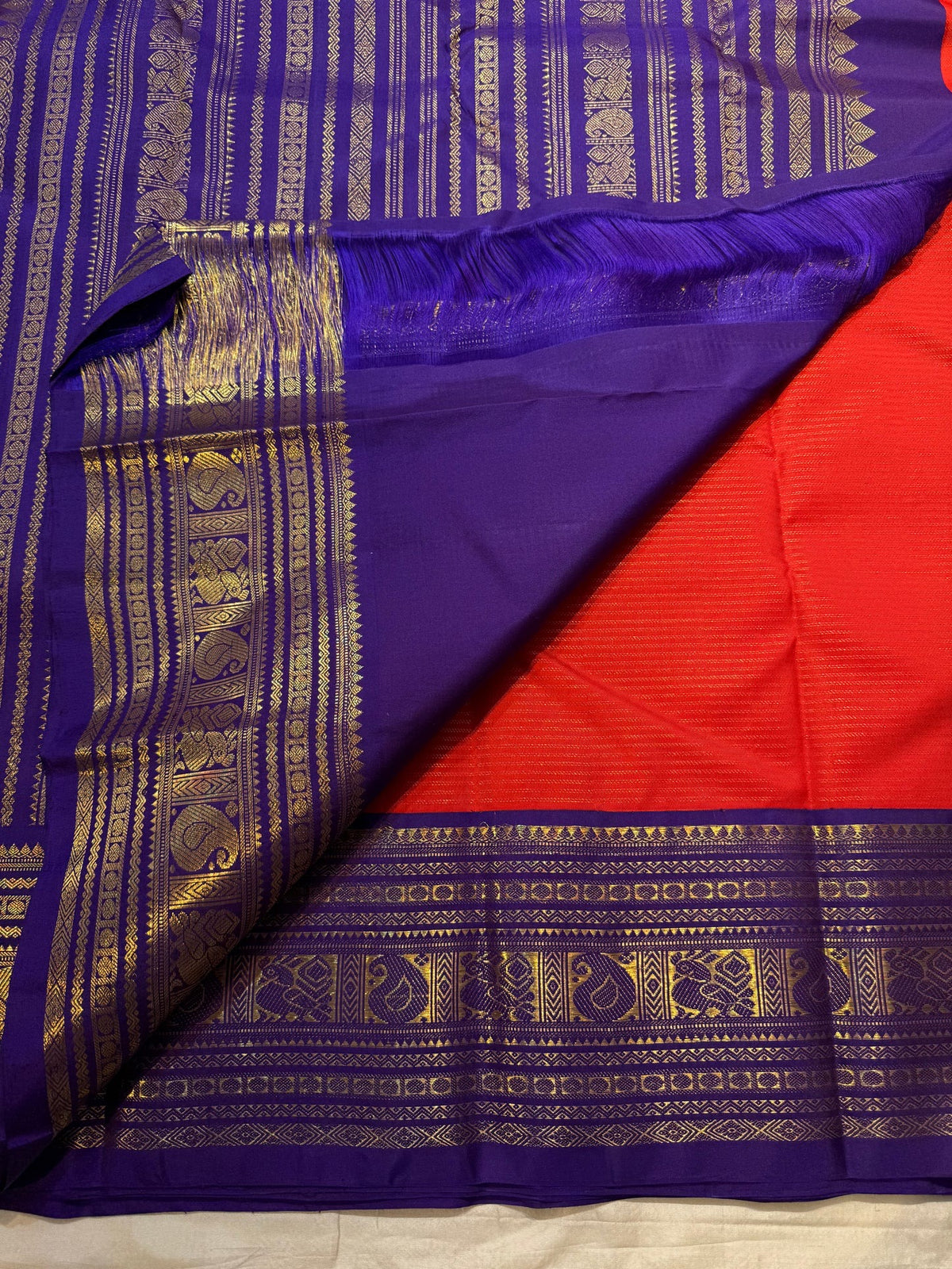 Burnt Orange pure silk Kanjivaram Korvai saree with Royal Purple contrast border.