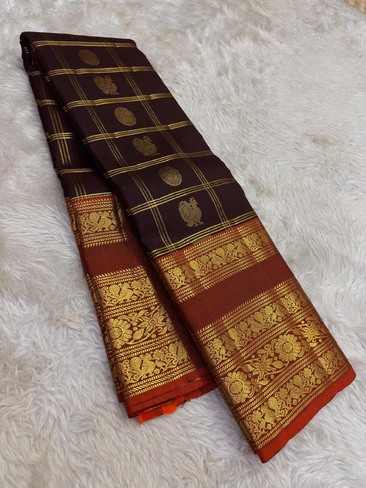 Kanchipattu silk saree in dark cocoa brown with burnt orange border Varisaipet Korvai weave traditional zari detail