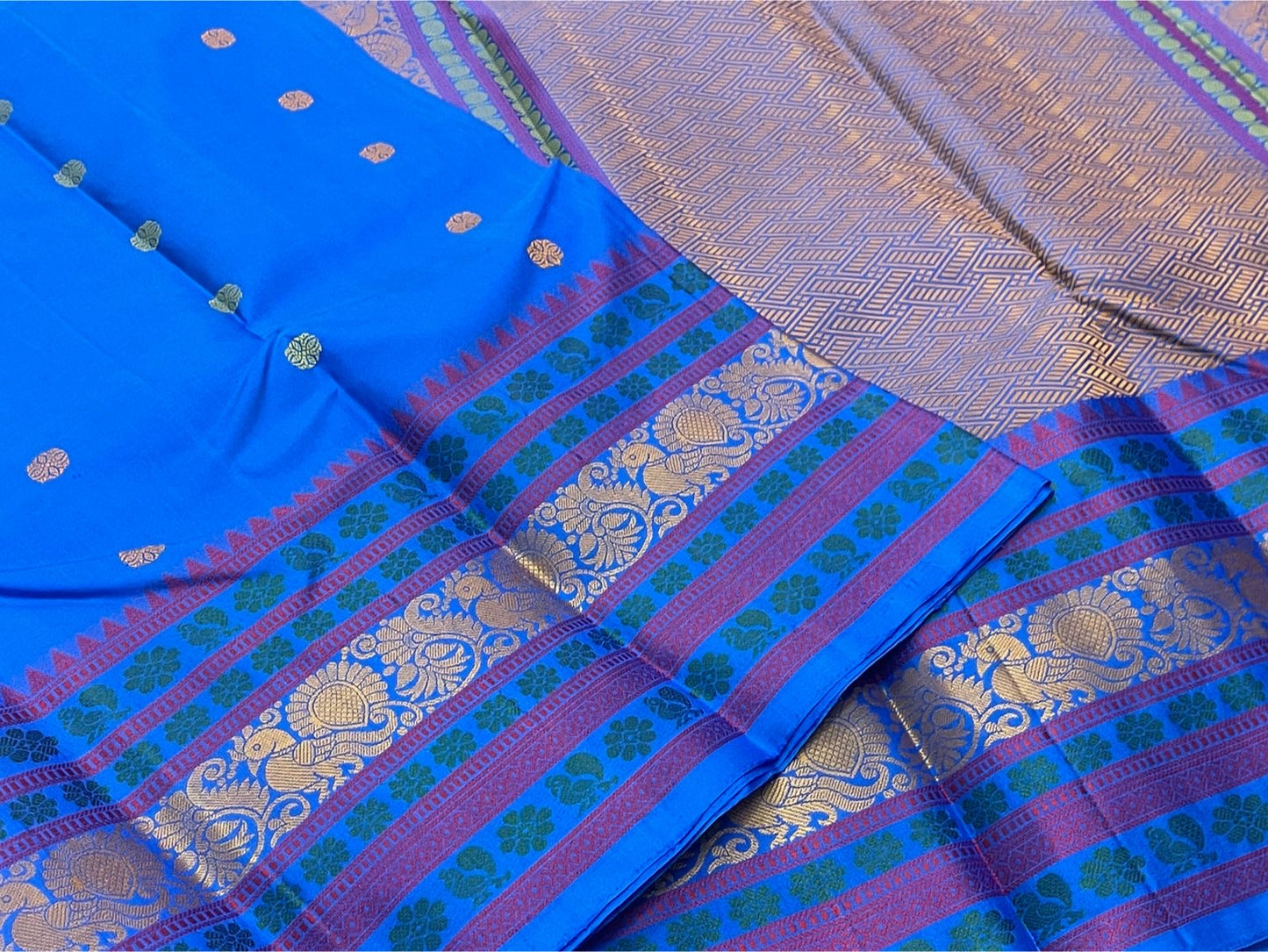 Multi-colour pattupet border with crimson teal and gold zari on cerulean blue Kanchipuram silk saree — Idam Living