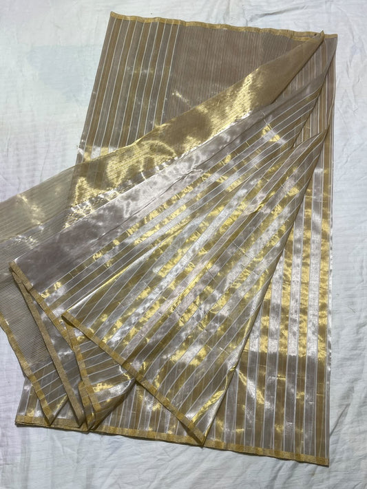 Champagne-gold Jari Silk Chanderi saree body with woven stripes
