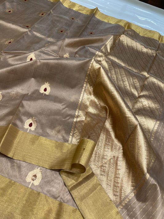 Champagne beige pattu silk Chanderi saree with a soft drape