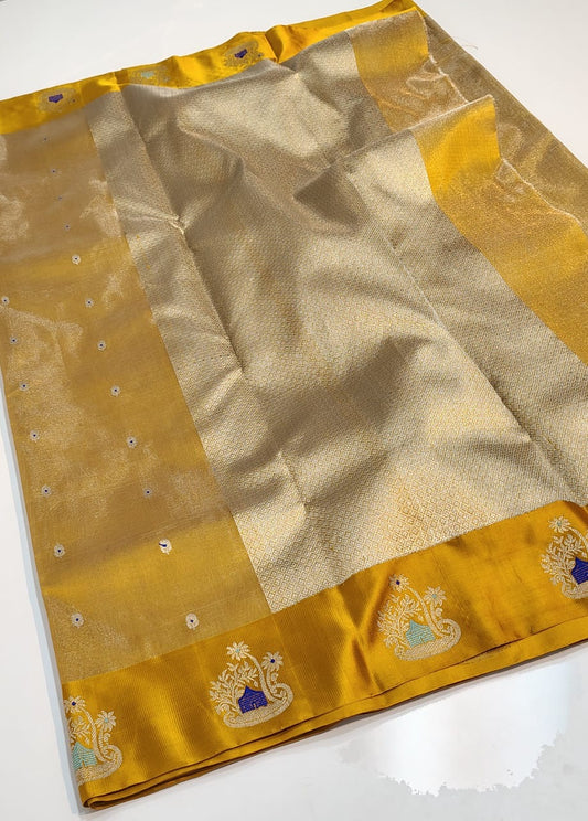 Antique Gold Radiance Pure Silk Chanderi Saree drape showcasing Royal Blue Accent Border