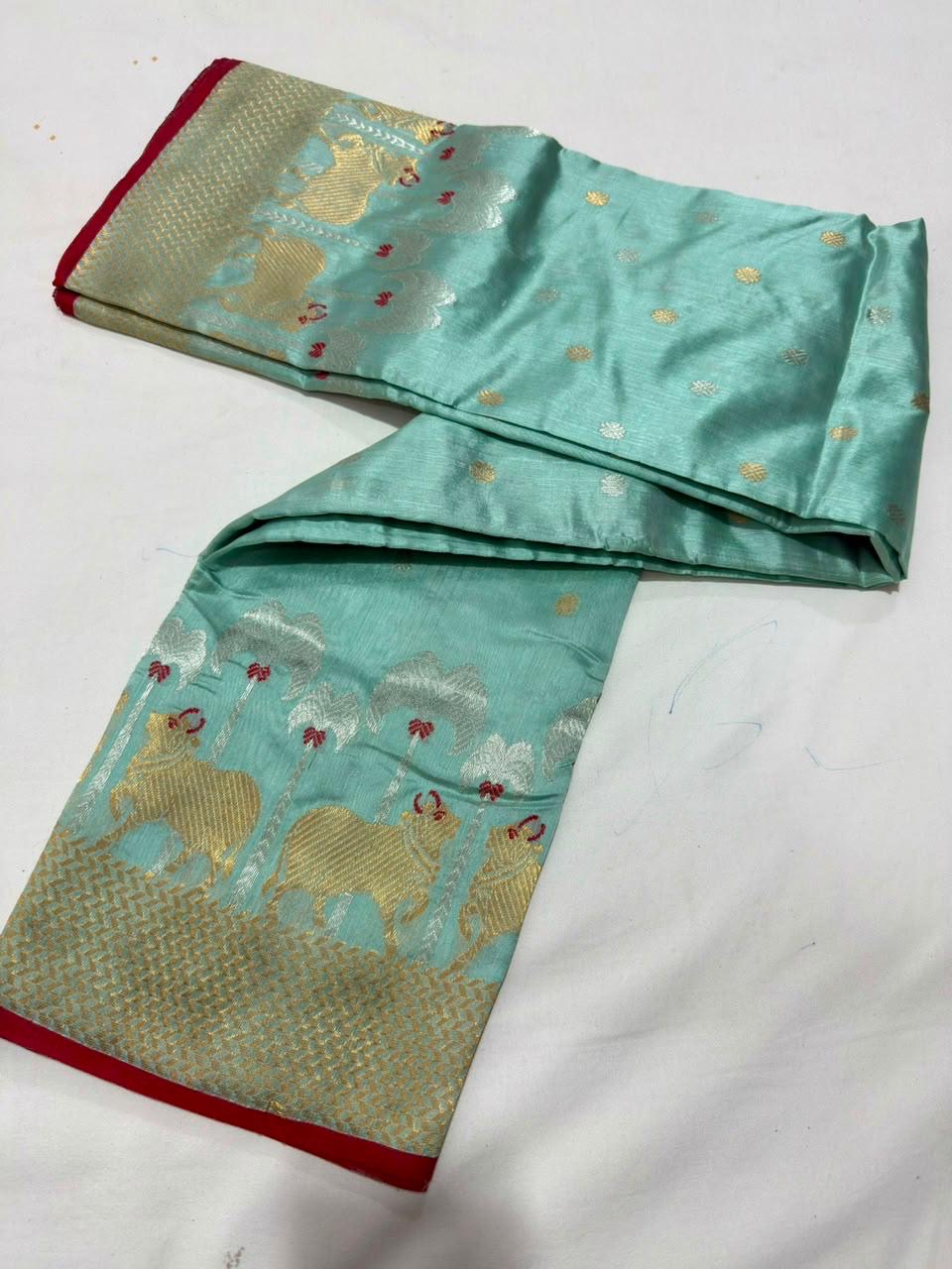 Seafoam blue Chanderi saree border woven in zari