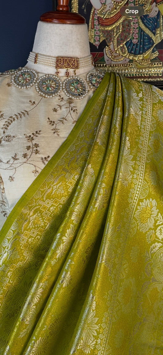 Full drape of Chartreuse handwoven Banarasi silk saree by Idam Living