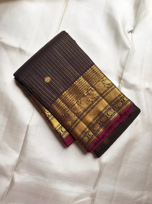 Chocolate Brown Handwoven Pure Silk Kanchipuram Saree with Zari Kattam and Mayil Butta Rudhraksham Border