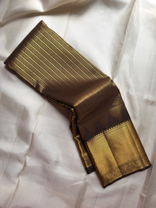 Chocolate Brown Handwoven Pure Silk Kanchi Pattu Saree with Vairaoosi and Gold Zari Border