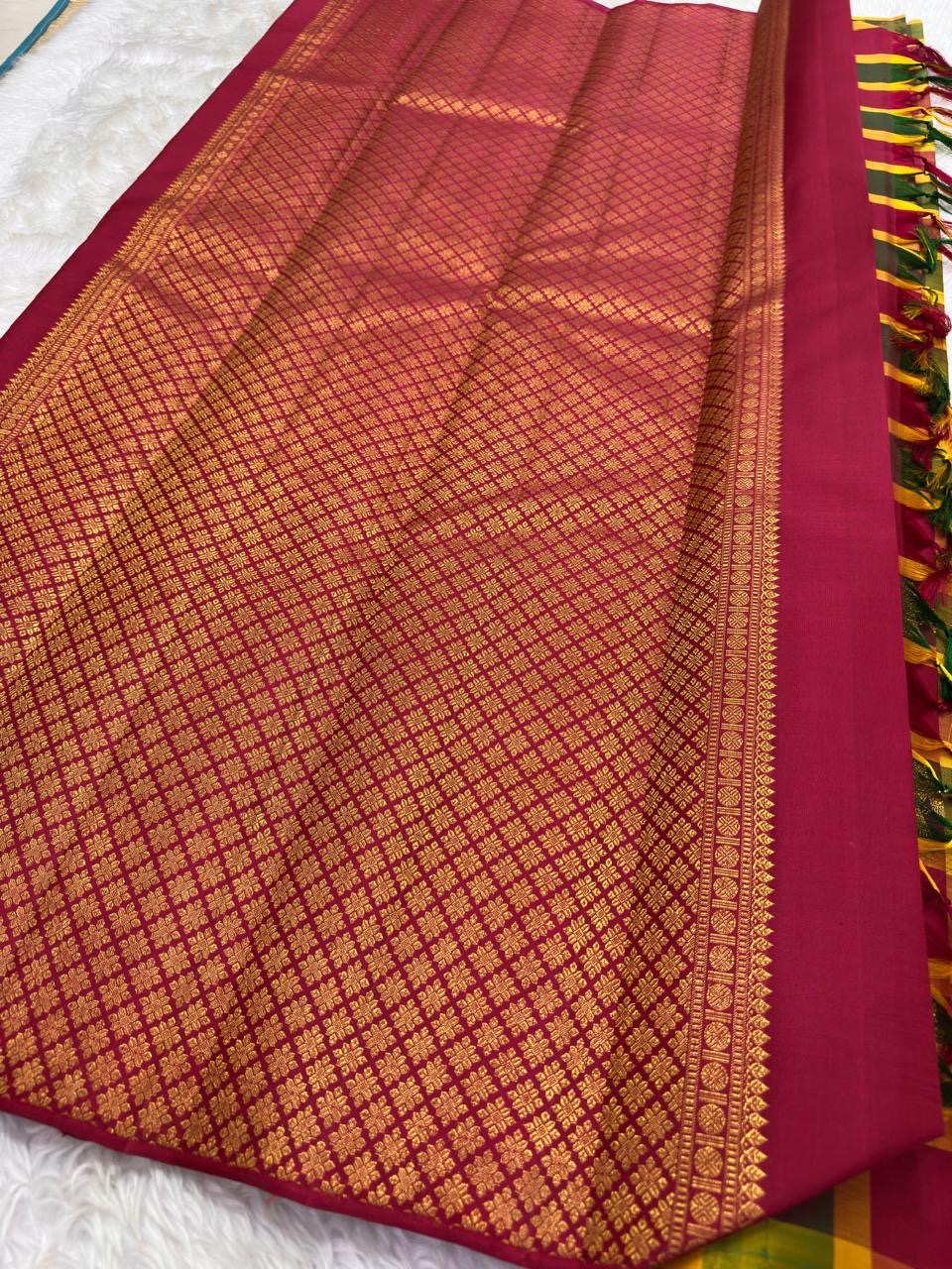 Handwoven Kanchi Kattam saree with elephant motifs interspersed through the checks