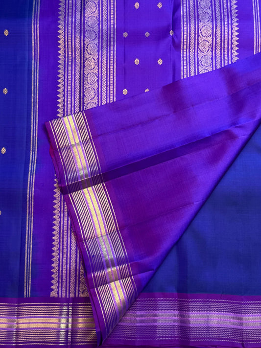 Cobalt blue Pure Silk Kanchipuram Butta saree with violet zari border, detail view 2