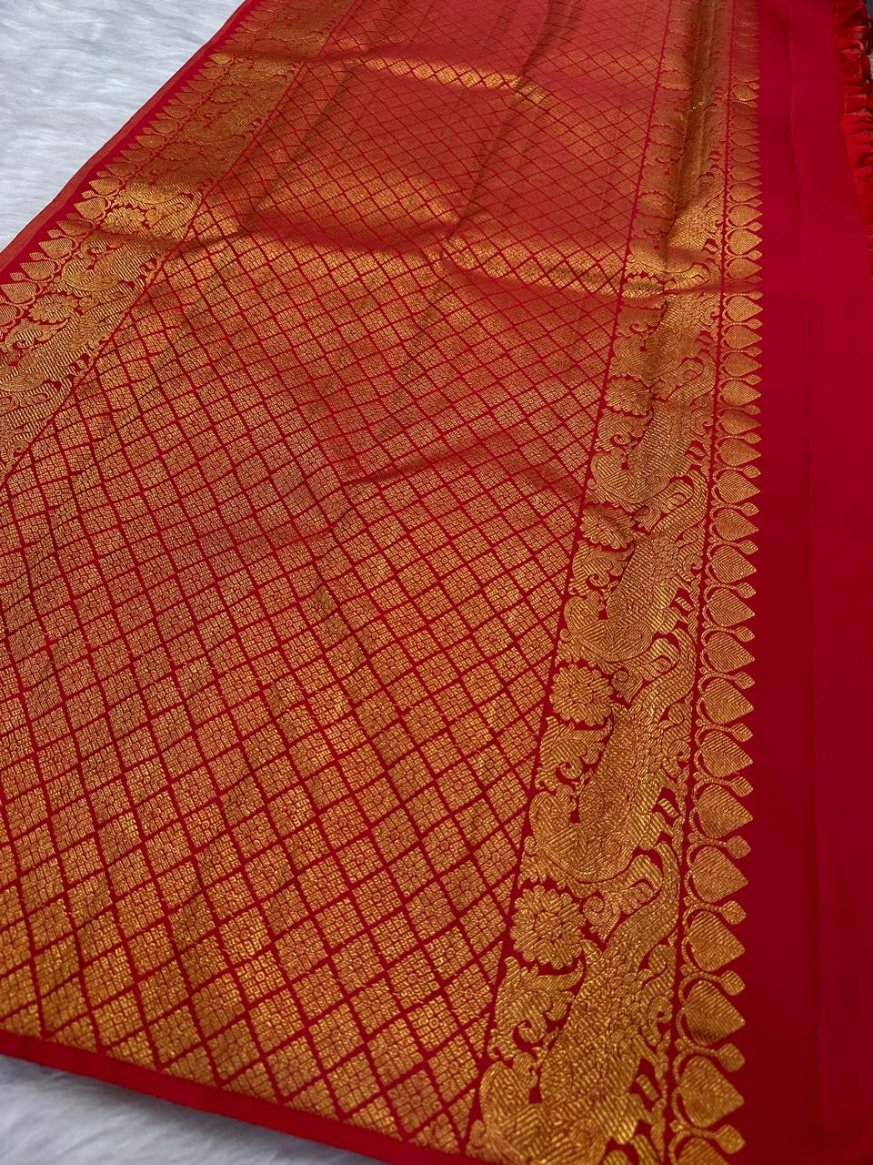 Rich red pallu with dense gold zari lattice on Kanchi Pattu saree