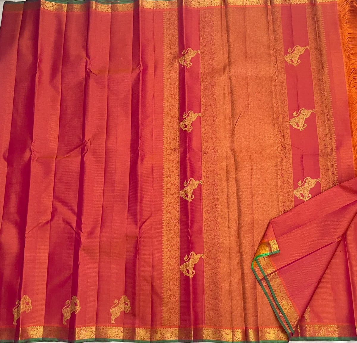 Burnt Coral Orange Handwoven Pure Silk Kanchipuram Vairaoosi Saree with Yazhi Motif