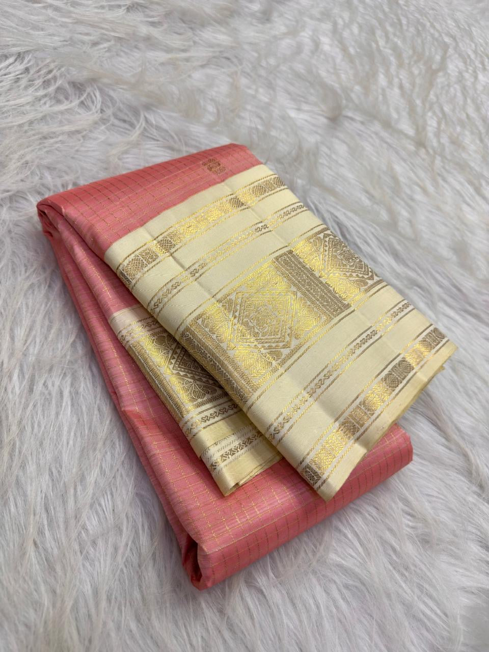 Coral Rose Pink Handwoven Pure Silk Kancheepuram Saree with Zari Kattam Checks and Warm Ivory Border