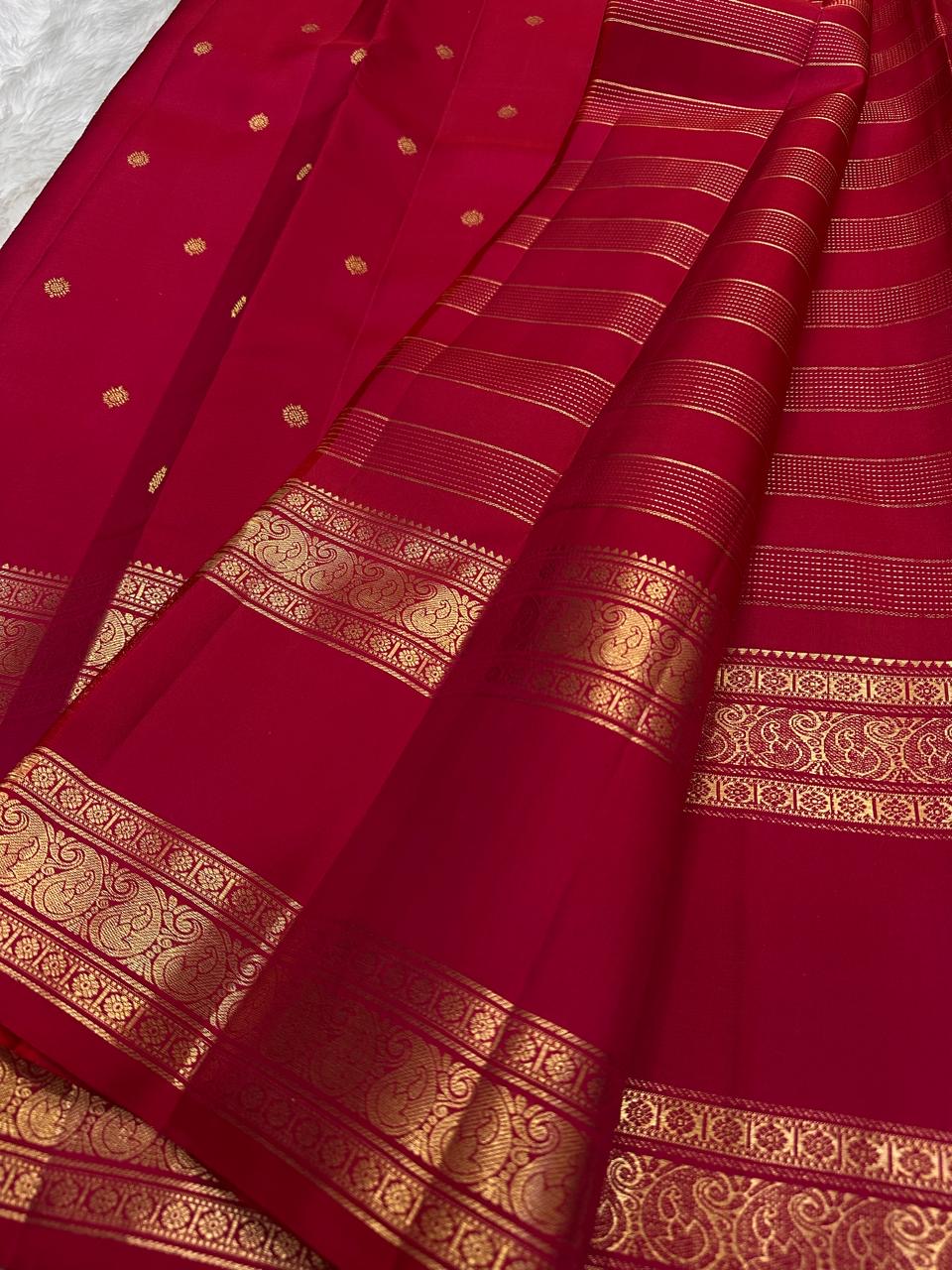 Crimson Kanchi Pattu saree with Rettapet weave and Maanga butta gold zari — Idam Living