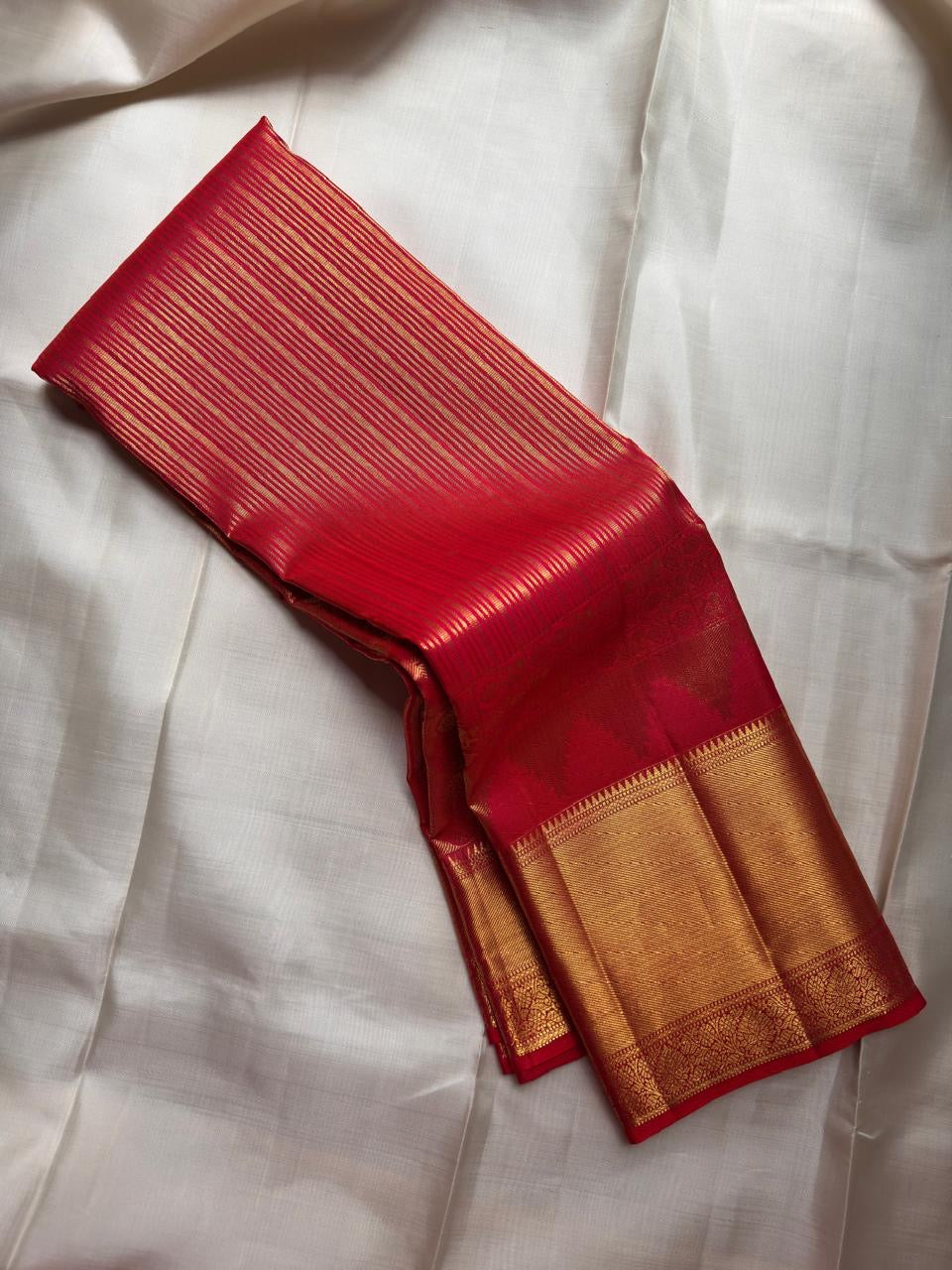 Crimson Red Handwoven Pure Silk Kanjipuram Saree with Vairaoosi and Gold Zari Border