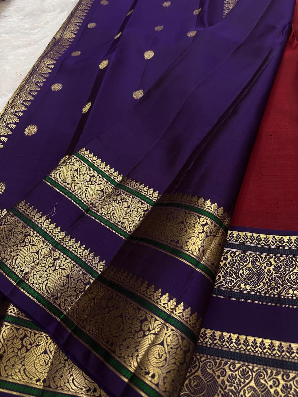 Royal purple Rettapet border with peacock-inspired gold zari bands, Arakku Red Kanjivaram saree – view 10