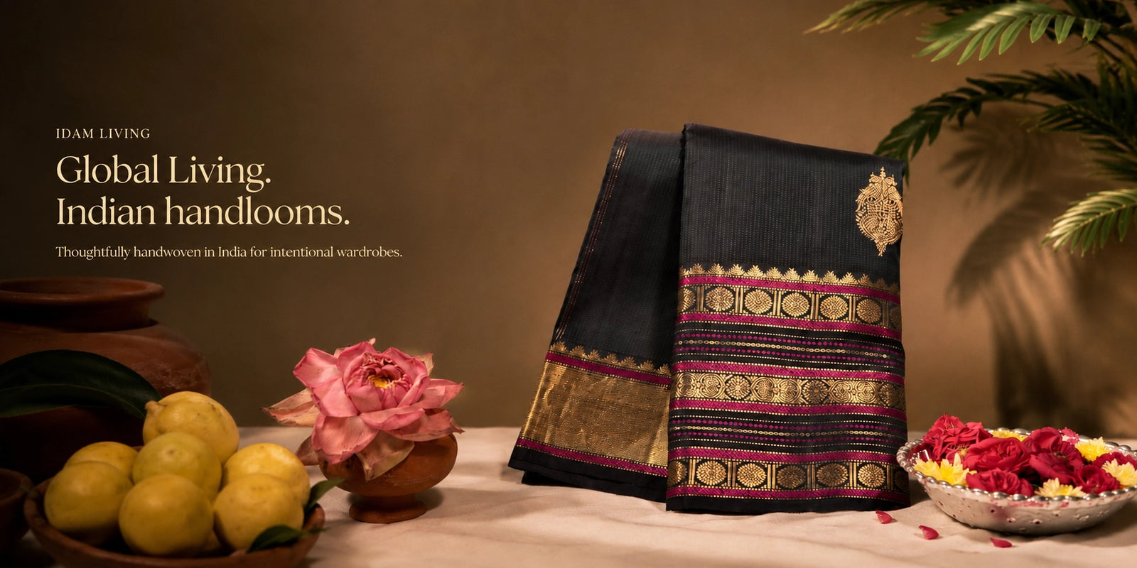 Pure Kanjivaram silk saree luxury ecommerce hero banner for Idam Living with rich handwoven texture