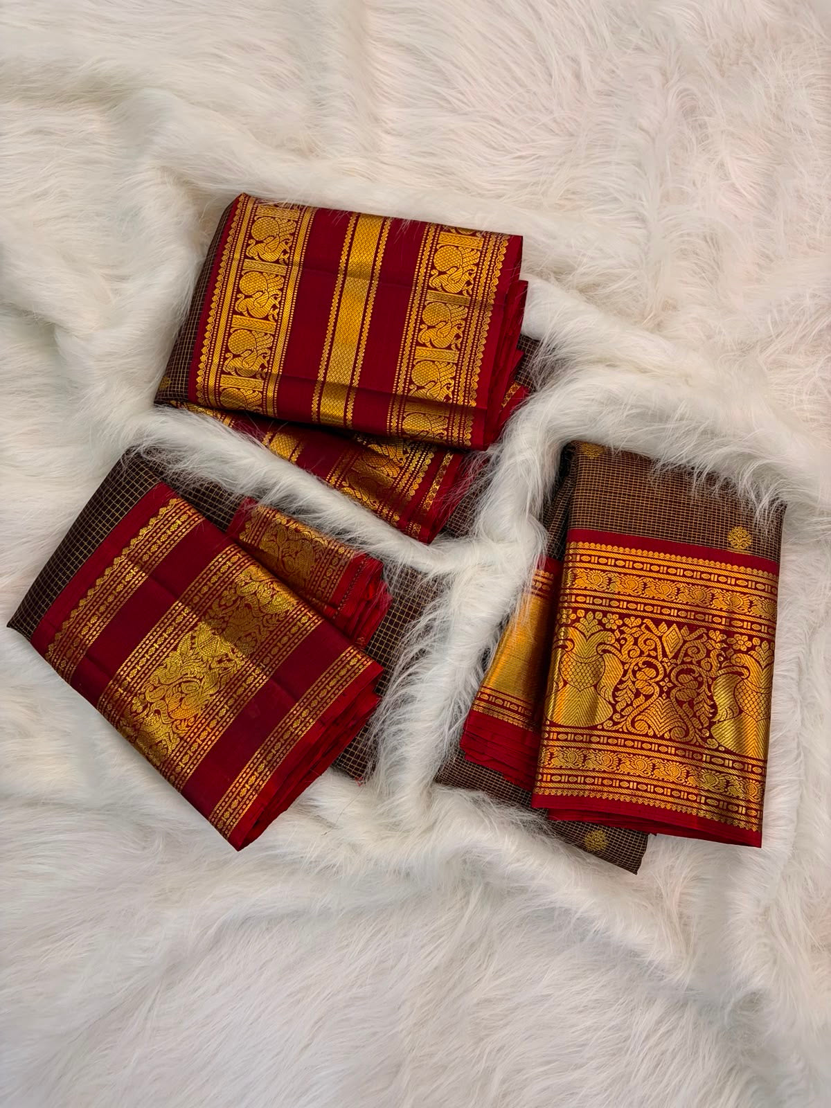 Dark Chocolate Brown and Deep Red Handwoven Pure Silk Kancheepuram Saree with Gandaberunda Mayil Pallu