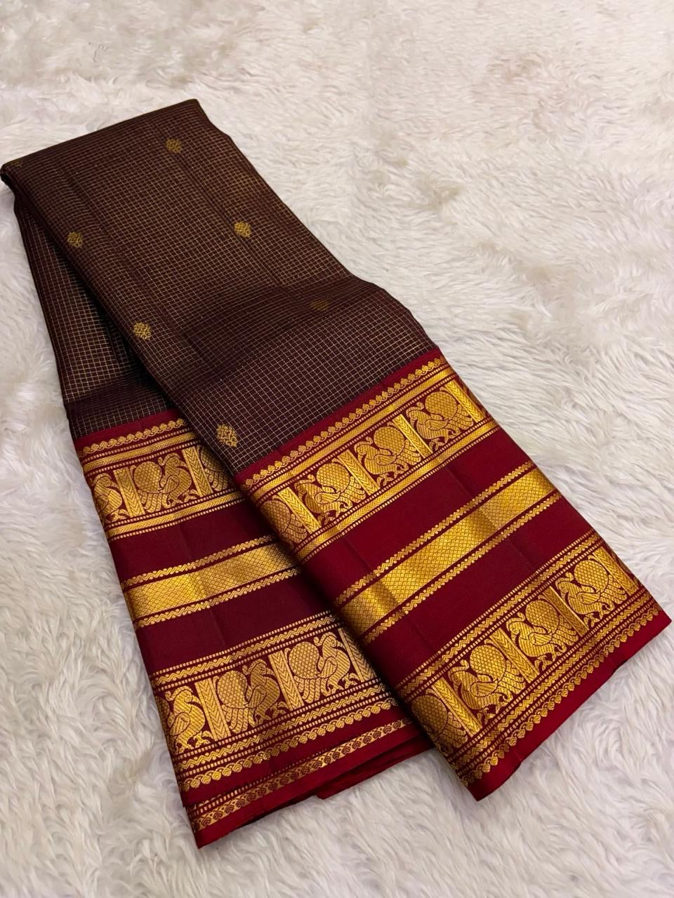Dark Chocolate Brown and Deep Red Handwoven Pure Silk Kanjeevaram Saree with Yaanai Butta Border
