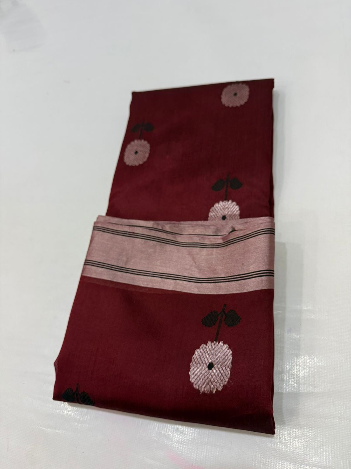 Full drape view of Deep Burgundy Pure Silk Chanderi Saree