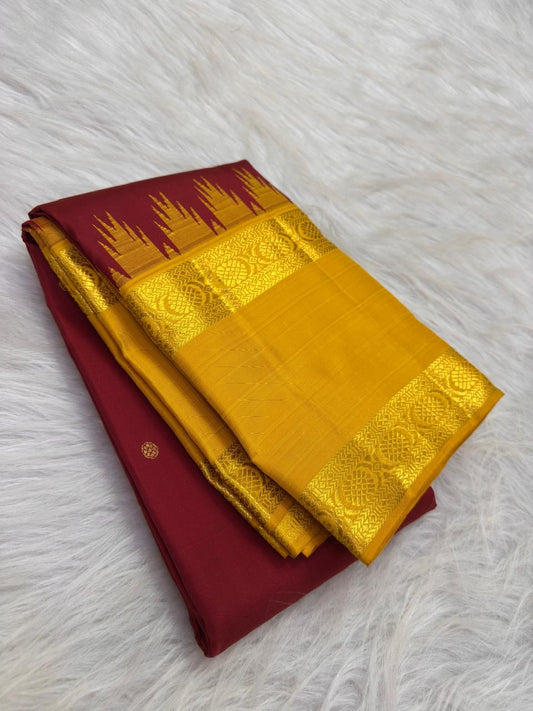 Deep Arakku Red Handwoven Pure Silk Kanjivaram Saree with Turmeric Gold Korvai Temple Border