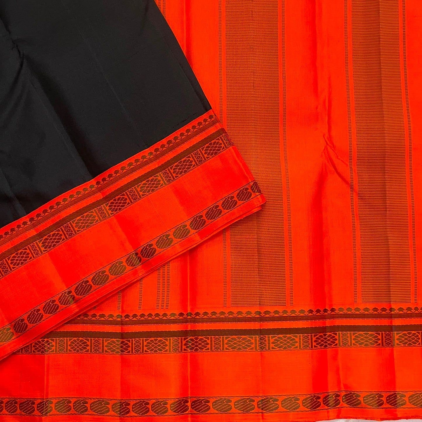 Deep Black and Vermilion Orange Handwoven Pure Silk Kanjivaram Pattupet Saree with Thread-Woven Border