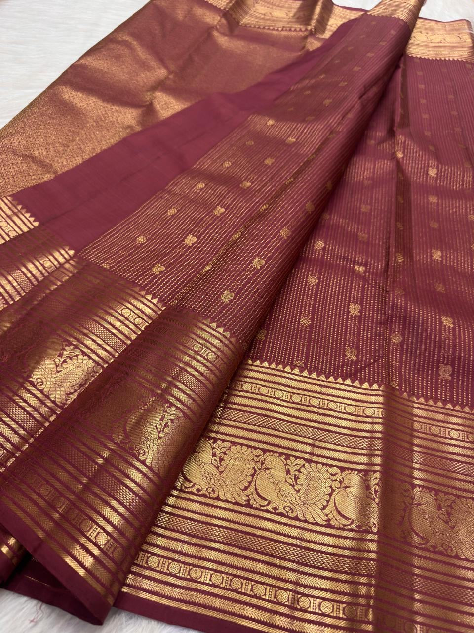 Earthy Rose Pure Silk Kanchipuram saree with petite floral zari buttas
