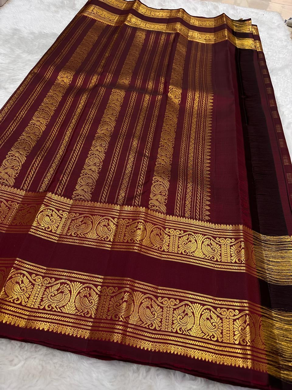 Deep Burgundy Handwoven Pure Silk Kancheepuram Saree with Rettapet and Peacock Border