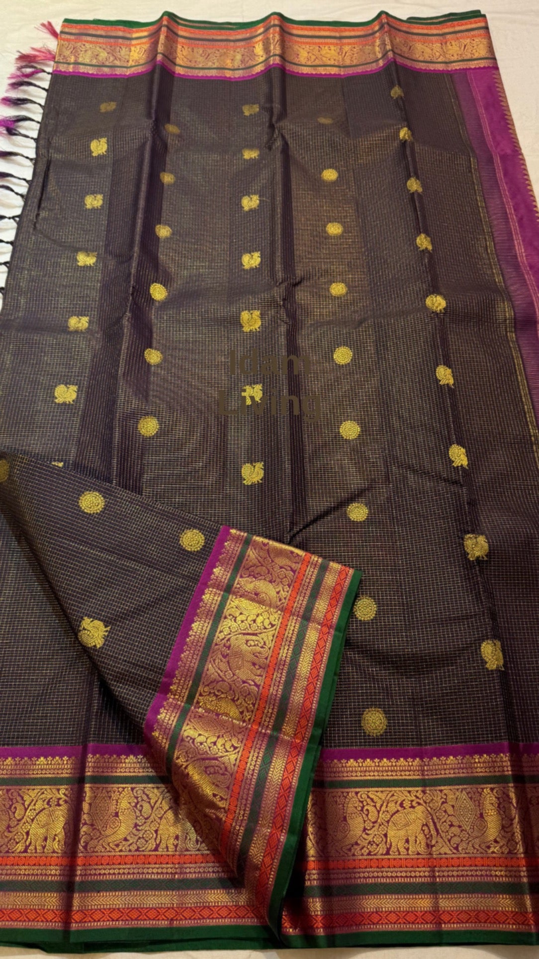 Deep Cinnamon Brown Pure Silk Kanjipuram Saree — full saree overview, Zari Kattam weave with gold zari peacock border — Idam Living
