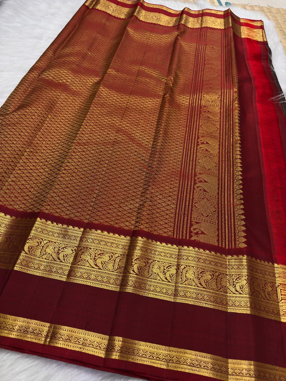 Deep Espresso Brown Handwoven Pure Silk Kanjivaram Saree with Zari Kattam and Burgundy Gold Zari Border