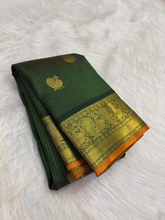 Deep Forest Green Kancheepuram silk saree handwoven full drape