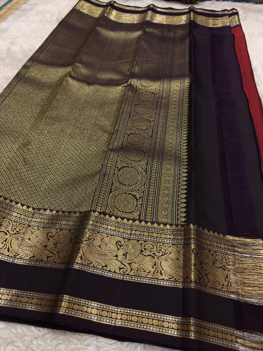 Arakku Red and Deep Maroon Handwoven Pure Silk Kanjeevaram Saree with Mayil Butta and Vanasringaram Silk Thread Border