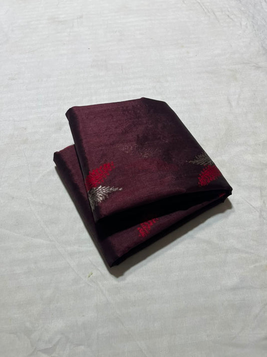 Deep Maroon Handwoven Pattu Silk Chanderi Saree with Silver-Coral Feather Motifs
