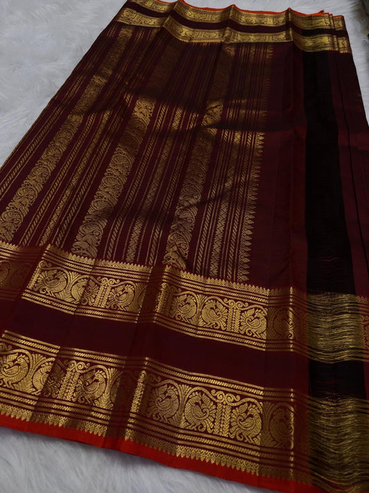 Deep maroon Rettapet Pure Silk Kanjipuram saree, full drape