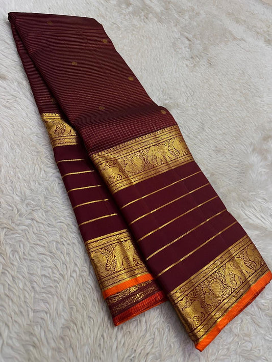 Deep Coffee Brown Handwoven Pure Silk Kancheepuram Saree with Zari Kattam Floral Butta and Vanasringaram Yaanai Border