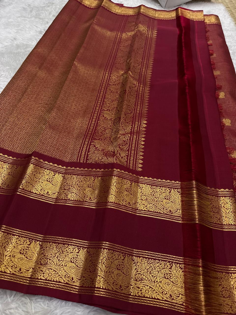 Deep Maroon Handwoven Pure Silk Kanjivaram Saree with Zari Kattam Butta and Vanasringaram Floral Border