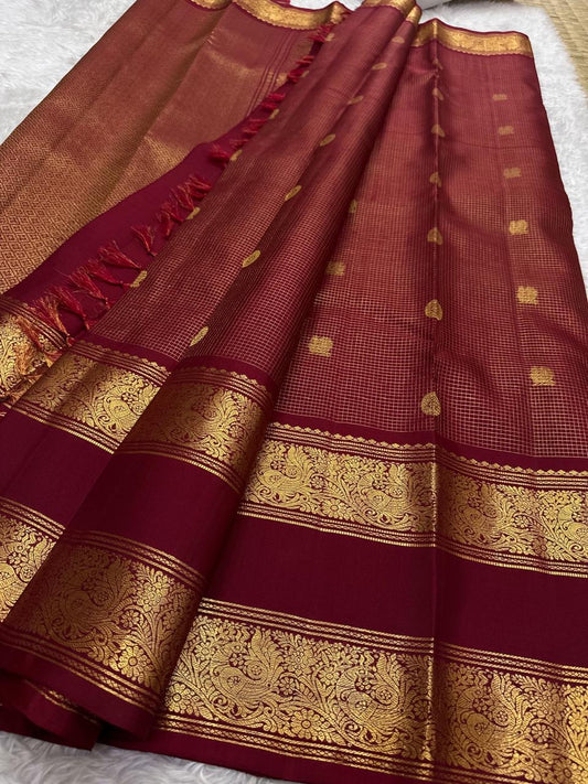 Deep Maroon Handwoven Pure Silk Kanjivaram Saree with Zari Kattam Butta and Vanasringaram Floral Border