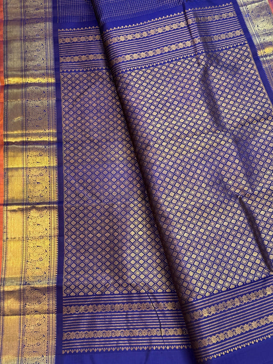 Deep Neelam blue handwoven Pure Silk Kanjivaram Zari Kattam saree