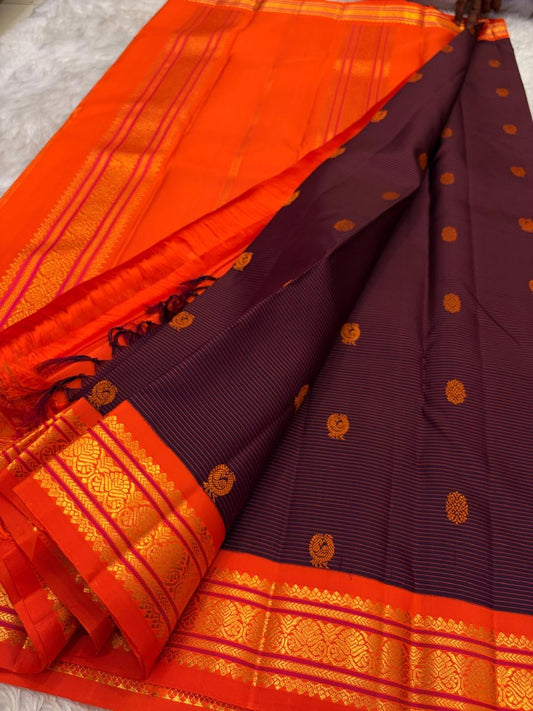 Deep Plum Handwoven Pure Silk Kanchipuram Saree with Orange Border Mayil Chakram Butta