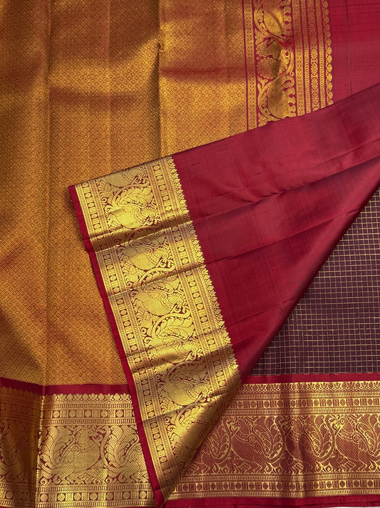 Deep plum-brown handloom silk with fine gold Zari Kattam checks