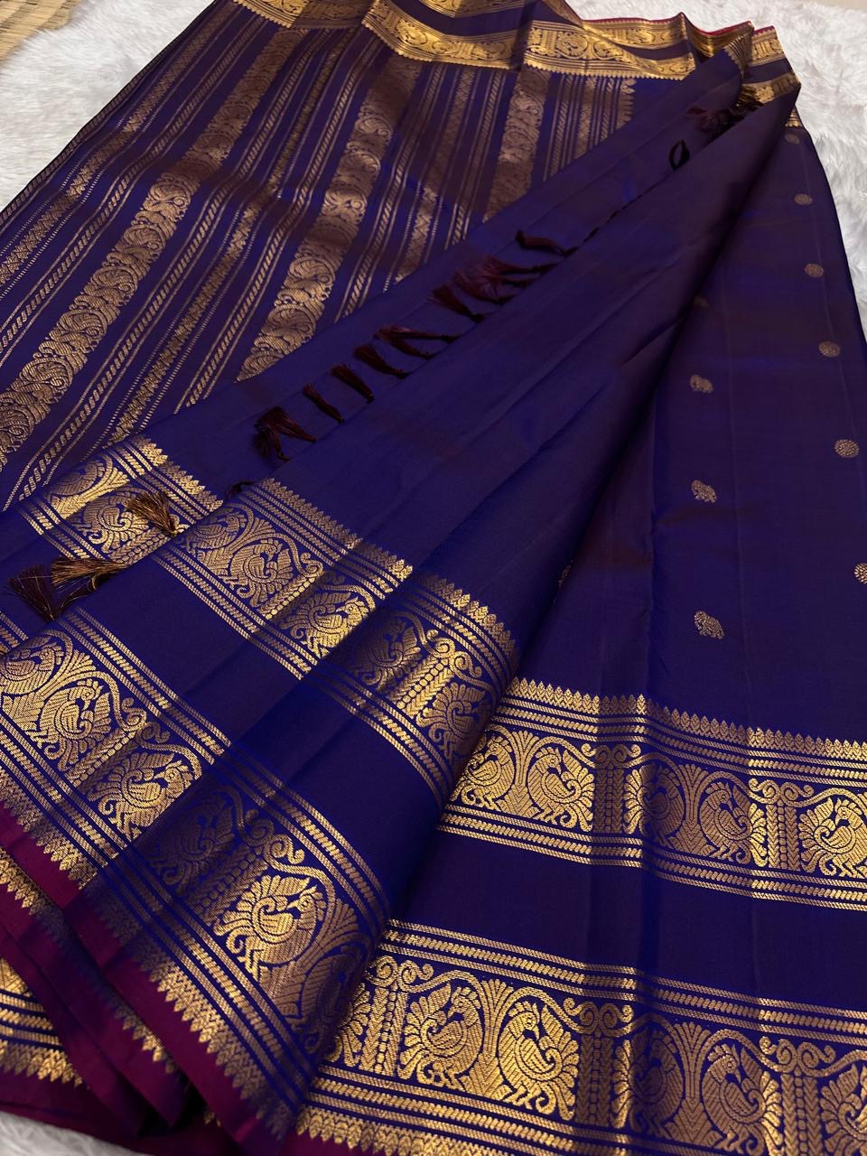 Deep Purple and Magenta Handwoven Pure Silk KanchiPattu Saree with Rettapet Yaanai Chakram Butta and Annam Pallu Border