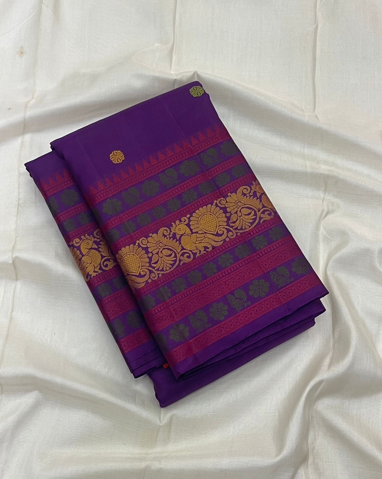Multi-colour pattupet border with crimson teal and gold zari on deep purple Kanchipuram silk saree — Idam Living
