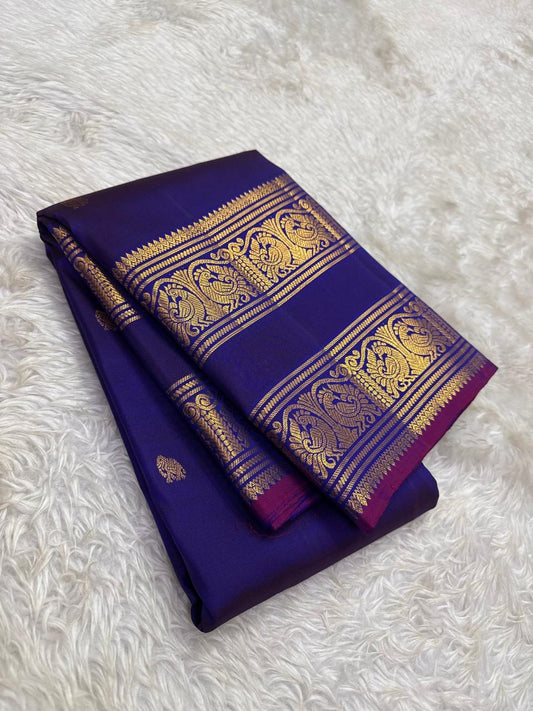 Deep Purple and Magenta Handwoven Pure Silk KanchiPattu Saree with Rettapet Yaanai Chakram Butta and Annam Pallu Border