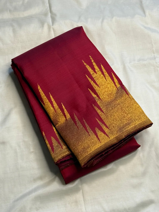 Deep Raspberry Pinkish Red Pure Silk Kanjeevaram Ettukol Saree - front view