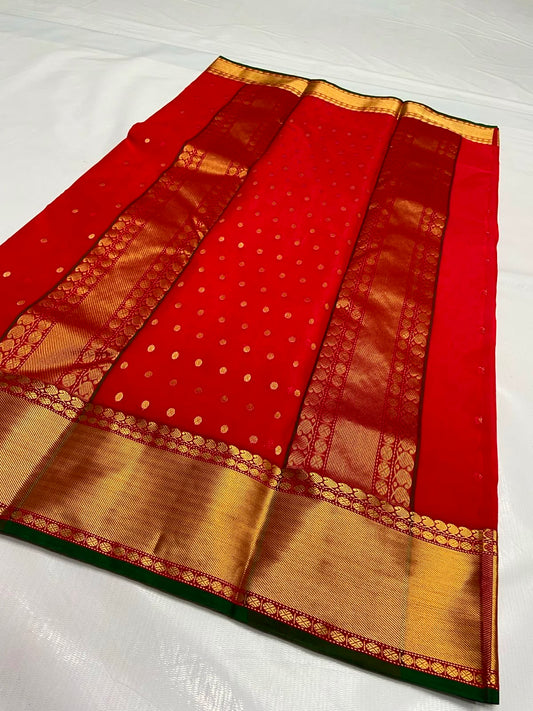Red Chanderi saree with small gold zari buttas
