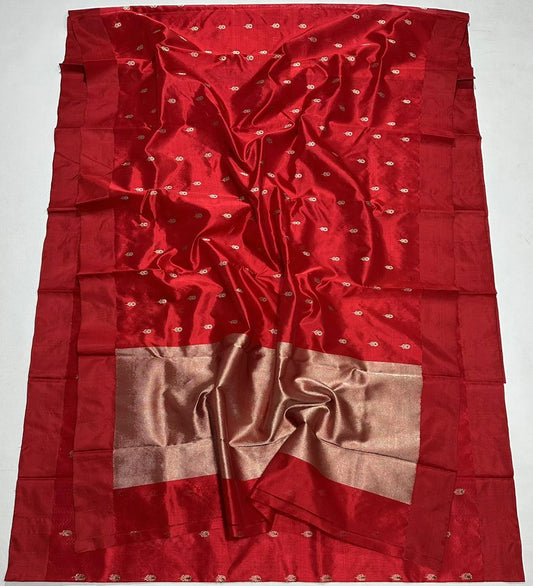Deep Red Handwoven Pure Silk Pattu Chanderi Saree with Gold Kalka Butti and Zari Pallu