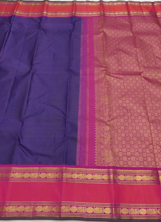 Deep Violet and Hot Pink Handwoven Pure Silk Kanjeevaram Saree with Rettapet Border